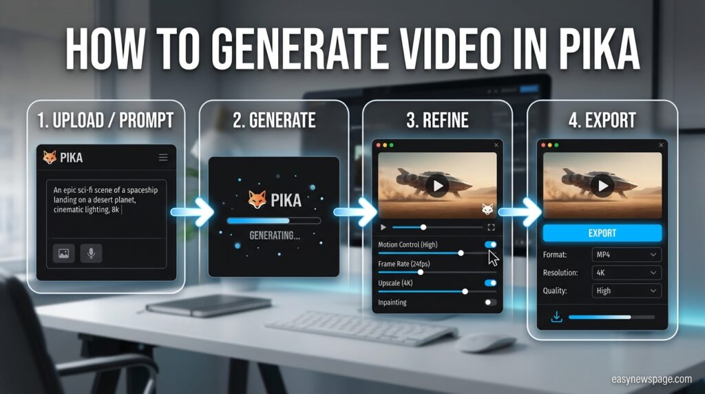 Create a realistic, high-quality blog image for easynewspage.com, about Pika Labs AI video generation tool, for a Tool/Software Review article. REQUIREMENTS: - Include the accurate Pika Labs interface/logo shown within the flow - Add the text "easynewspage.com" as a small watermark in a corner - Add the title text "How to Generate Video in Pika" in bold, modern typography - Style: numbered steps with connecting arrows (upload/prompt, generate, refine, export), clean explainer aesthetic - Aspect ratio: 16:9, ultra-realistic quality, professional editorial aesthetic, high detail, no text errors, no distorted logos - Make it visually amazing and scroll-stopping, clear subject, high contrast, not cluttered
