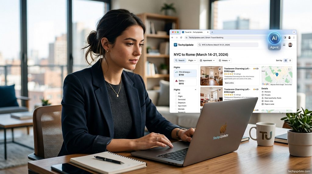 Browser interface showing an AI agent researching travel options
