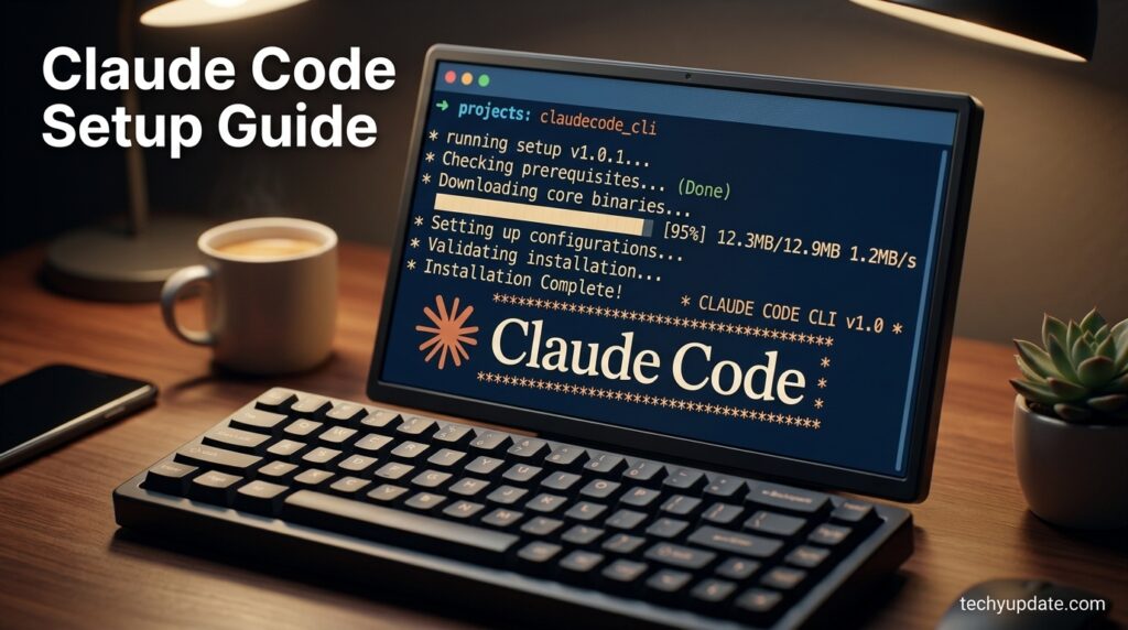 Terminal window showing Claude Code installation command.