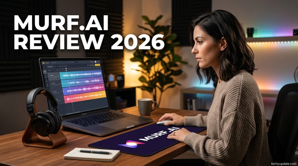Content creator using Murf.ai AI voiceover generator on a laptop
