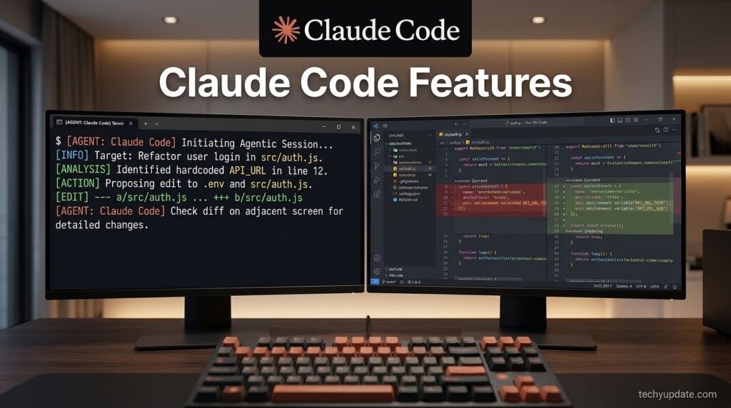 Claude Code terminal and VS Code feature overview screenshot