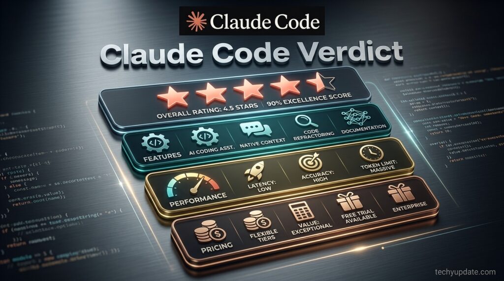 Claude Code 2026 review scorecard and final rating infographic