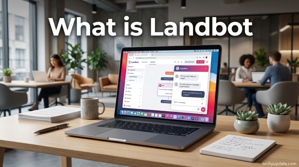 Landbot AI chatbot builder shown on laptop screen for 2026 review