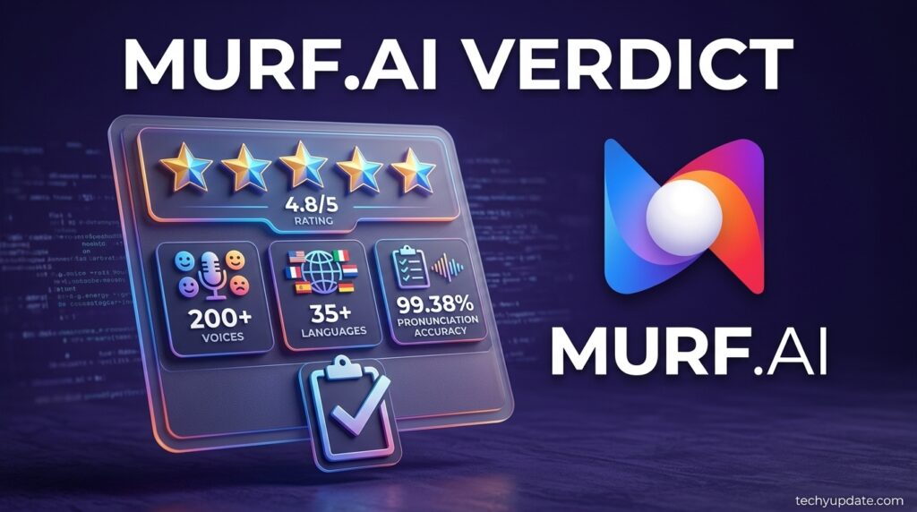 Murf.ai review summary infographic with rating and key stats