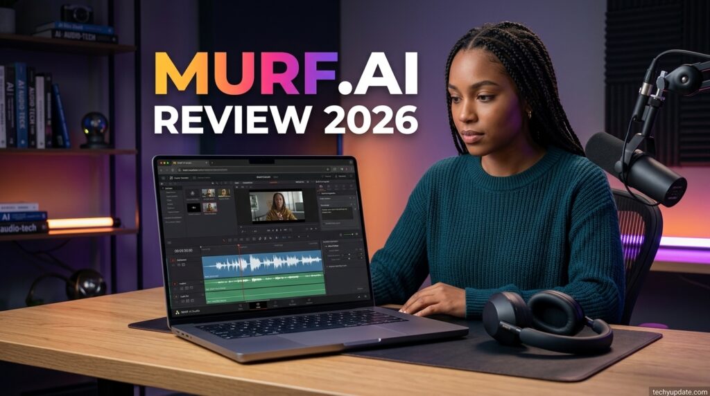 Murf.ai Review 2026: Features, Pricing & Honest Verdict Content creator using Murf.ai AI voiceover generator on a laptop