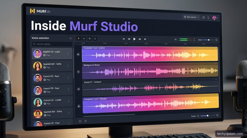 Murf Studio dashboard showing voiceover timeline editor with waveforms