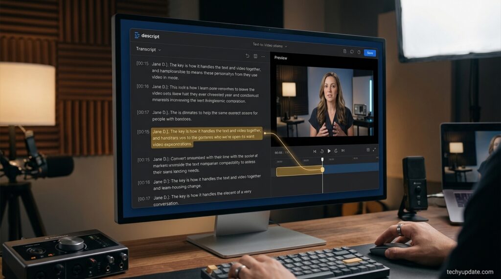 Descript text-based video editor interface shown next to a preview window