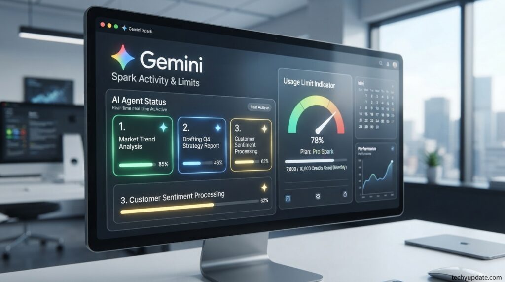 Gemini Spark Update Explained: New Features, Limits and Changes Gemini Spark dashboard showing active AI agent tasks and usage limits