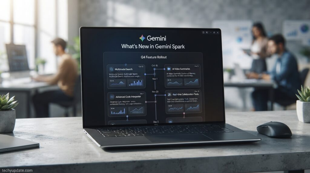 Gemini Spark feature update timeline shown on a laptop dashboard