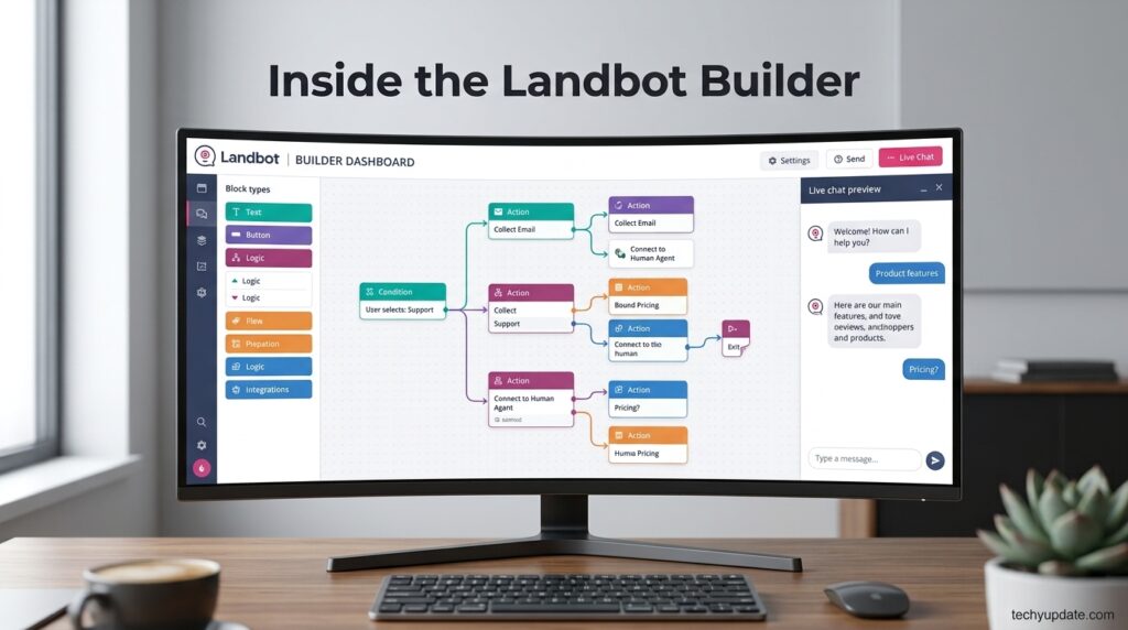 Landbot no-code flow builder dashboard with connected chat blocks
