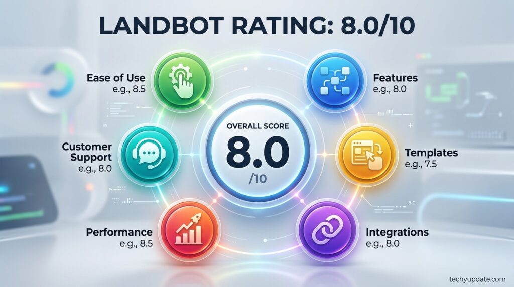 Landbot rating scorecard infographic showing an overall score of 8 out of 10