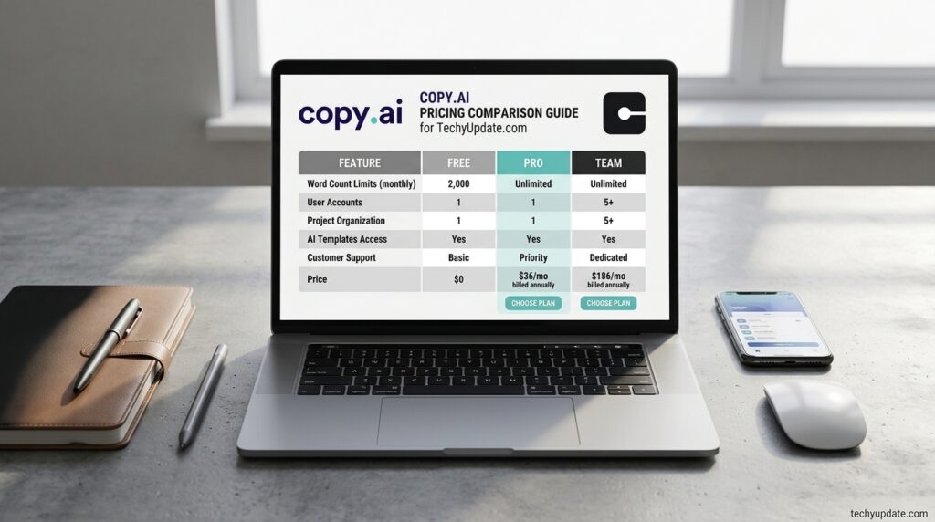 Comparison of Copy.ai's Chat, Growth, Expansion, and Scale pricing plans