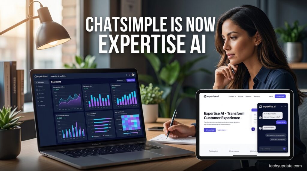 ChatSimple rebrand to Expertise AI dashboard and chat widget screenshot