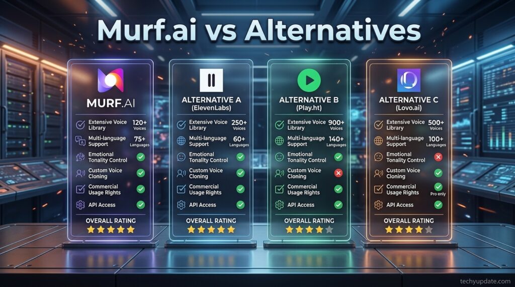 Comparison chart of Murf.ai versus ElevenLabs, Speechify, and Descript