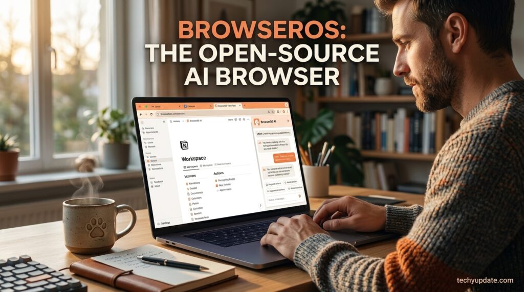 BrowserOS open-source AI browser shown on a laptop at a real desk