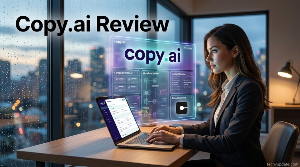 Copy.ai workflow builder and AI chat interface shown side by side