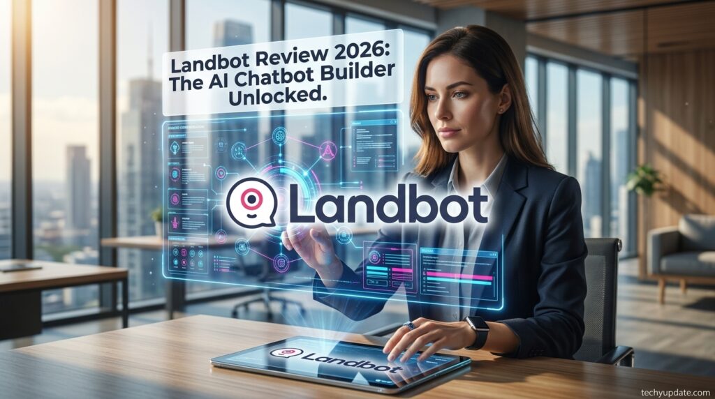 Landbot AI chatbot builder shown on laptop screen for 2026 review
