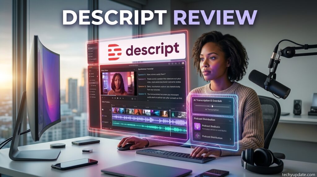 Descript Review 2026: The AI Video and Podcast Editor That Works Like a Word Processor Descript text-based video editor interface shown next to a preview window