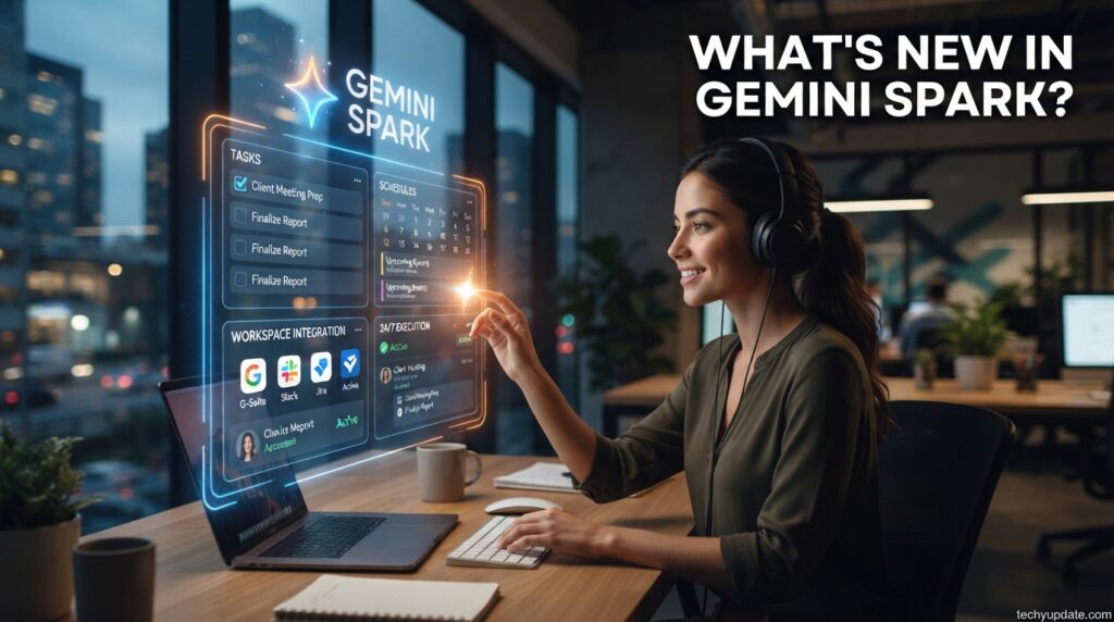 Gemini Spark feature update timeline shown on a laptop dashboard