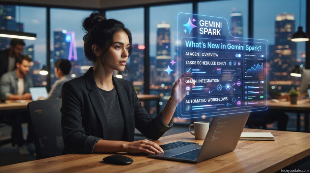 Gemini Spark feature update timeline shown on a laptop dashboard
