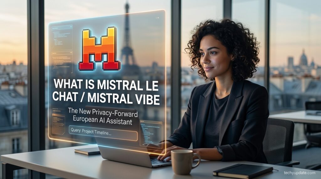 Mistral Le Chat, now Mistral Vibe, European AI assistant illustration.