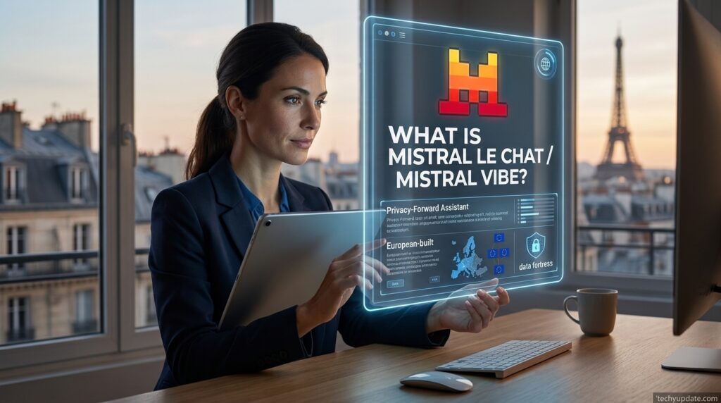 Mistral Le Chat, now Mistral Vibe, European AI assistant illustration