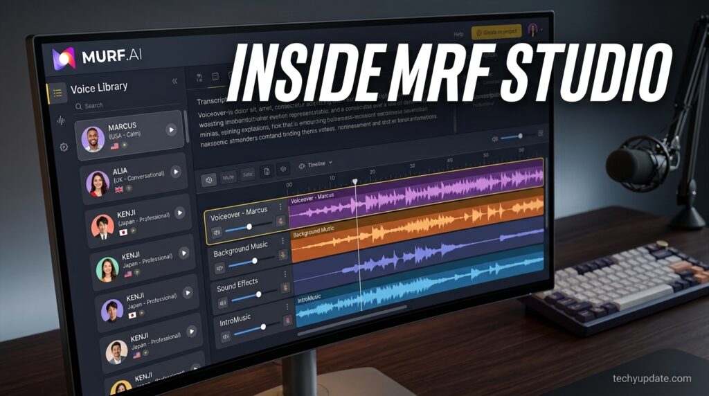 Murf Studio dashboard showing voiceover timeline editor with waveforms