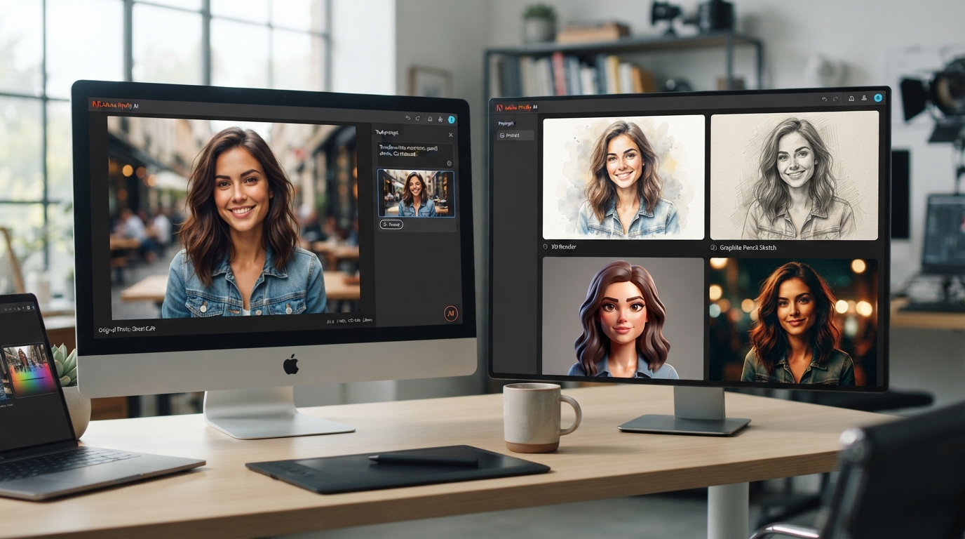 Adobe Firefly style reference transforming one image into multiple visual styles.