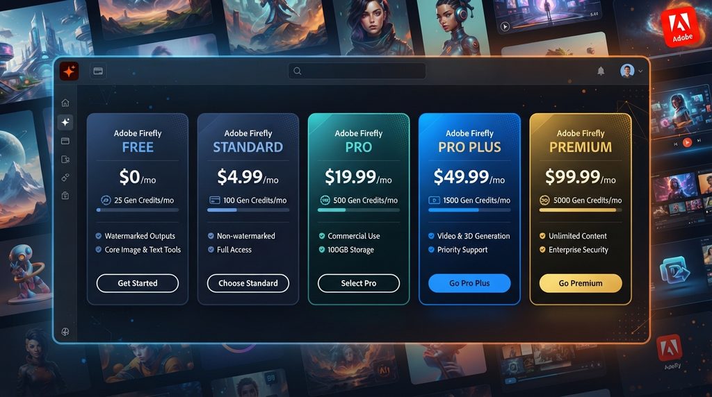 Adobe Firefly pricing plans and generative credit comparison.