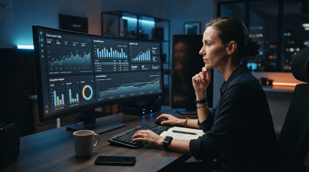 What Is Ahrefs? SEO Features, Data, and Best Use Cases SEO analyst researching keywords and backlinks on an SEO dashboard.