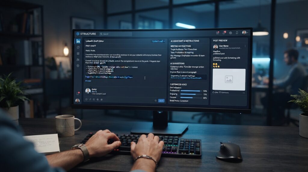 AuthoredUp-style editor showing prompts and AI writing suggestions.