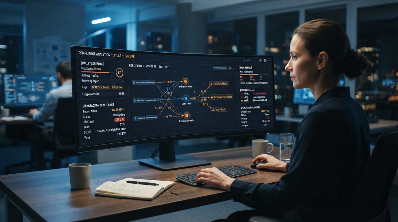 Crypto compliance and transaction risk monitoring dashboard.