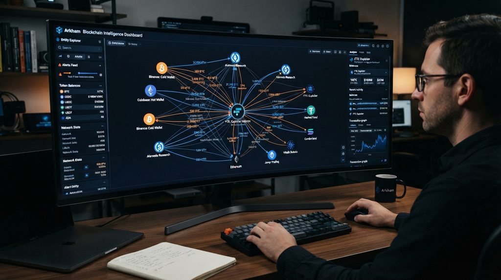 Blockchain intelligence dashboard showing connected wallets and fund flows.