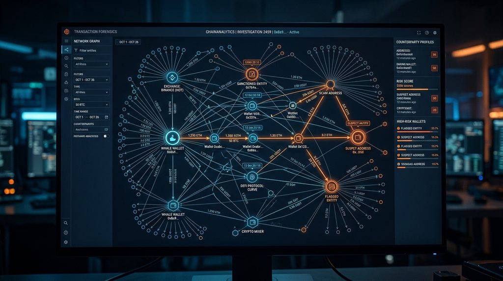 Blockchain wallet network showing crypto transaction flows.