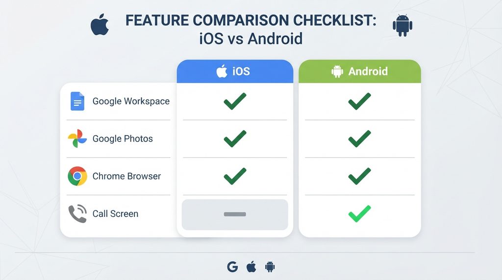 Feature checklist comparing Gemini Spark on iOS and Android