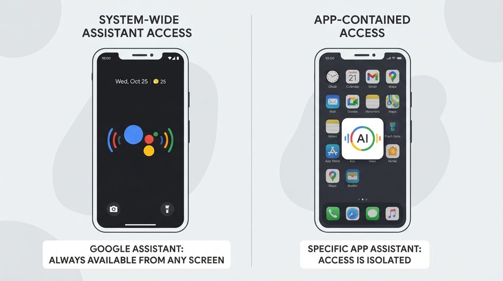 comparing system-wide assistant access versus app-only access