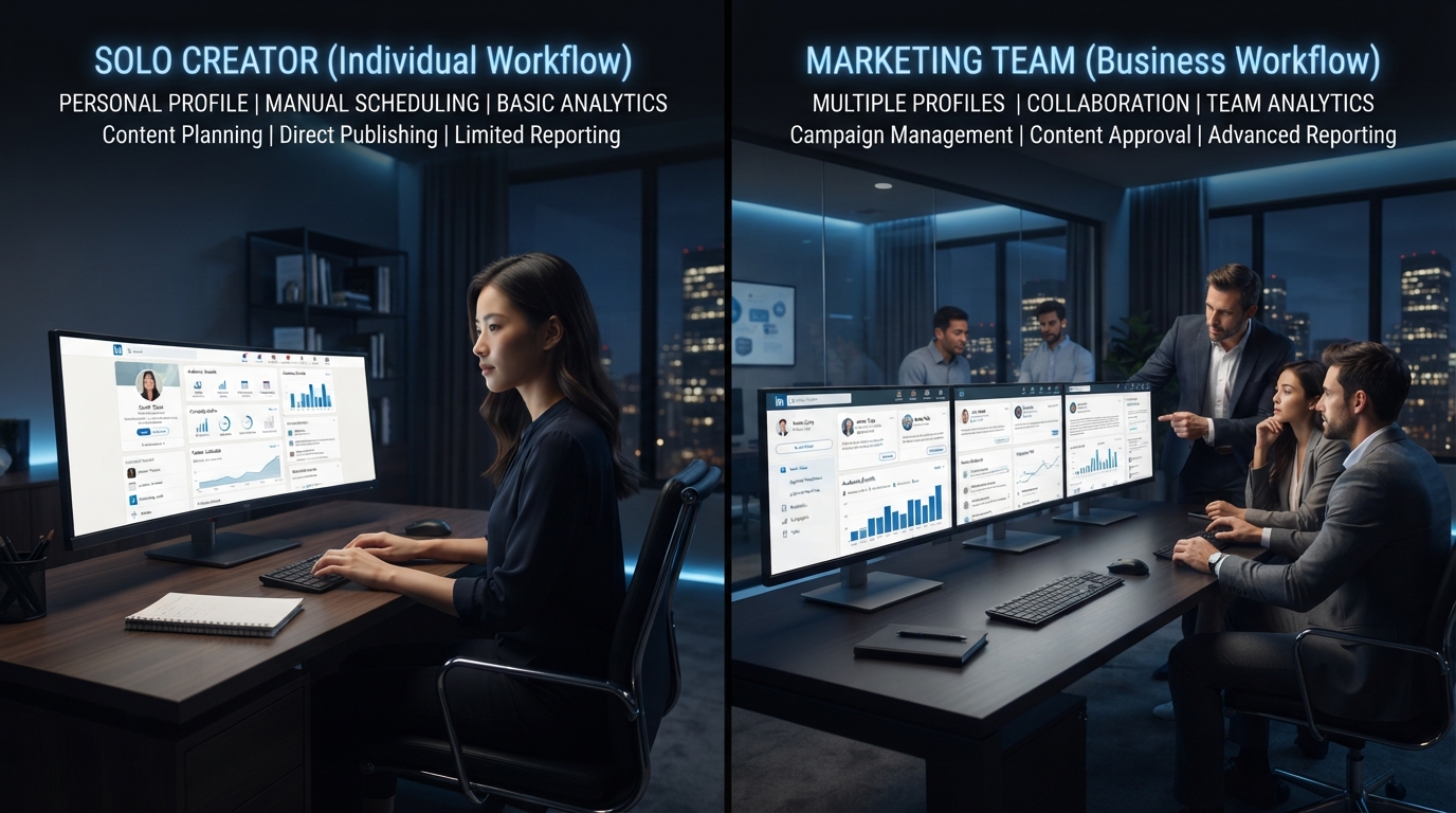 Comparison of AuthoredUp Individual and Business workflows.