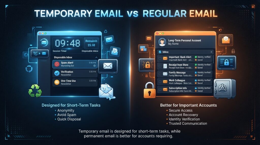 How to Use 10MinuteMail Online: Step-by-Step Guide Comparison between temporary and permanent email accounts.