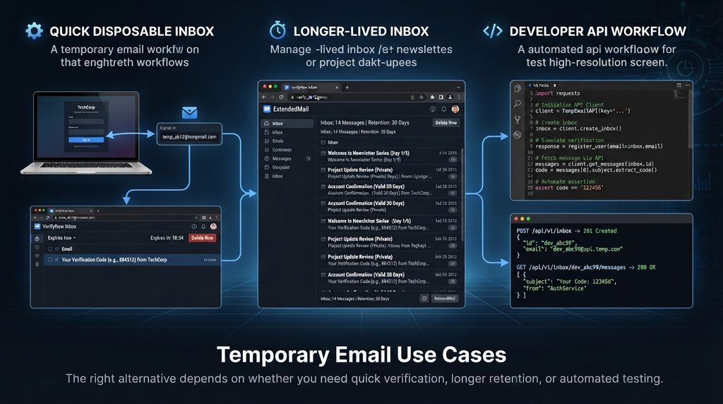 Different temporary email workflows for verification and testing.