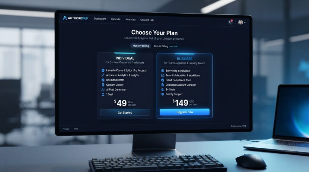AuthoredUp Pricing and Free Plan: Features, Limits, and Value AuthoredUp pricing plans displayed in a modern software dashboard.