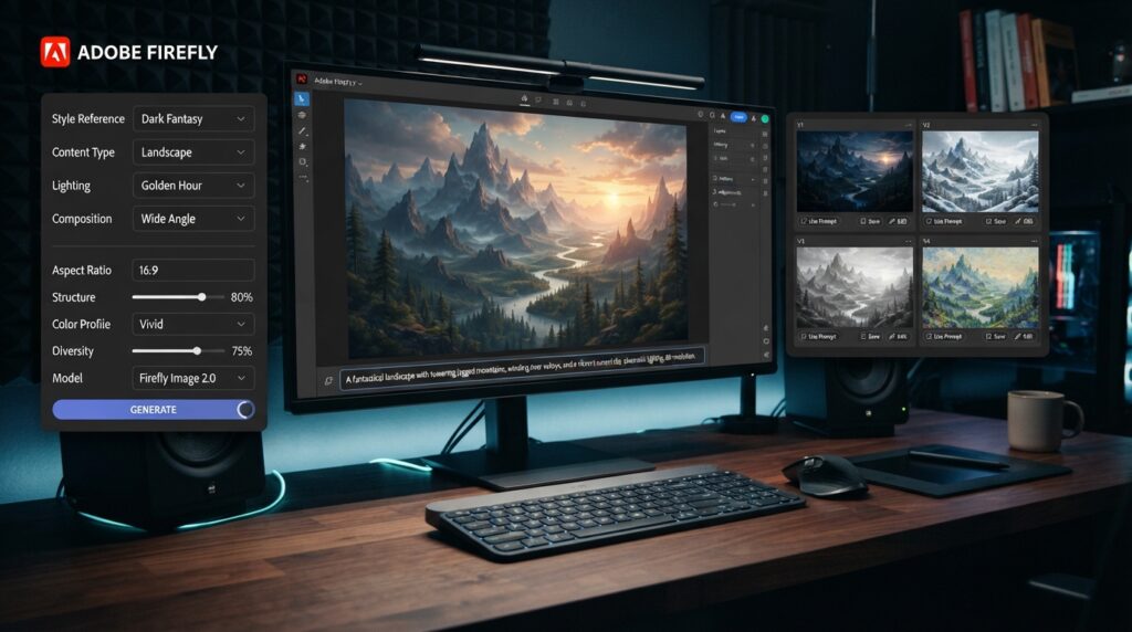 What Is Adobe Firefly? AI Image Features, Styles, and Use Cases Adobe Firefly AI image generator creating visual variations from a text prompt.