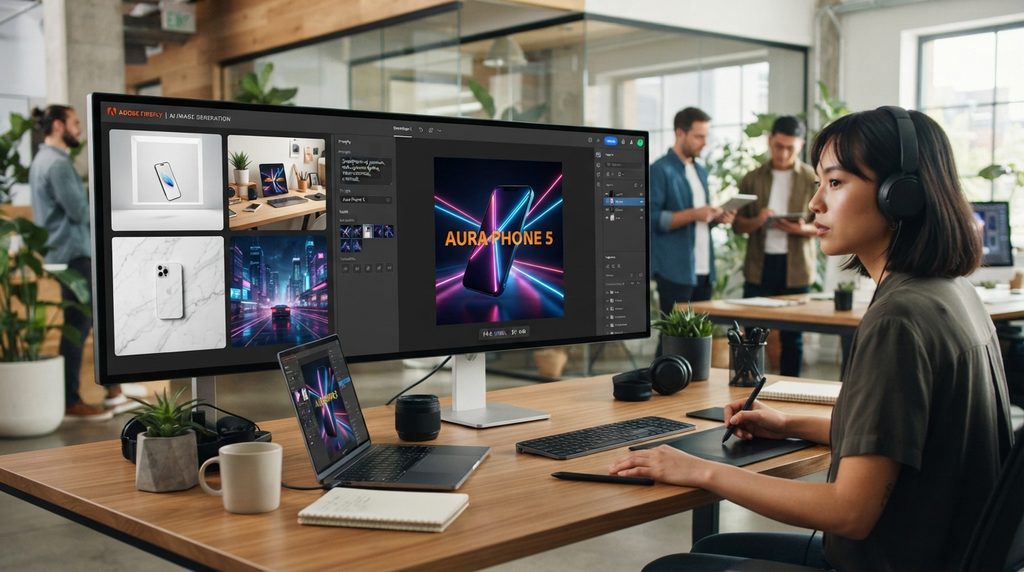 Adobe Firefly generating product visuals for marketing campaigns.