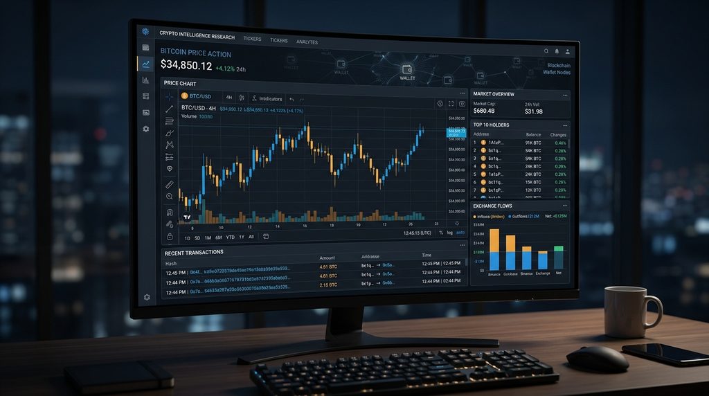 Crypto analytics dashboard showing token prices, holders, flows, and blockchain metrics.