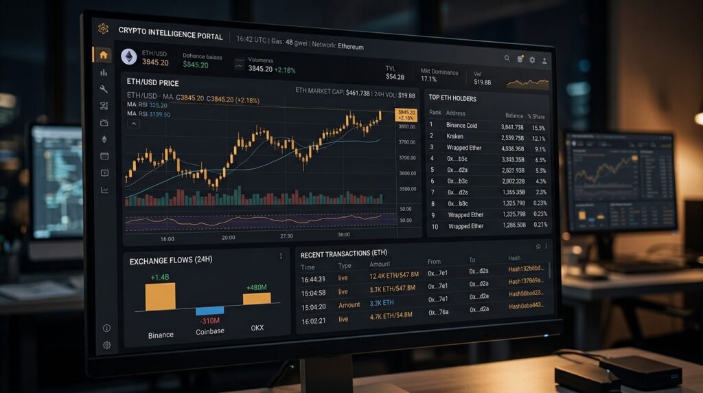 Crypto analytics dashboard showing token prices, holders, flows, and blockchain metrics.