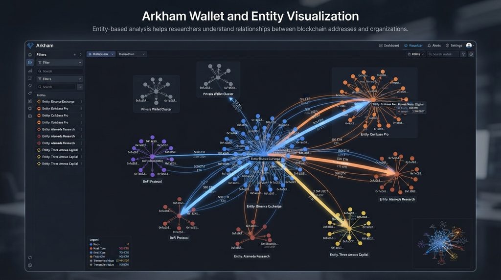 Crypto wallet network showing blockchain transaction and entity connections.