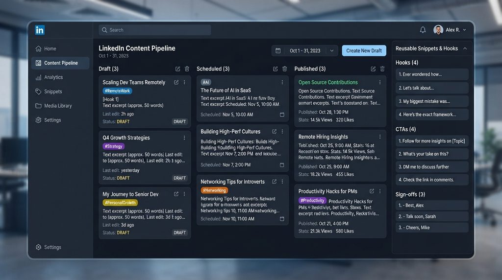 LinkedIn drafts and reusable snippets organized in a content workflow.