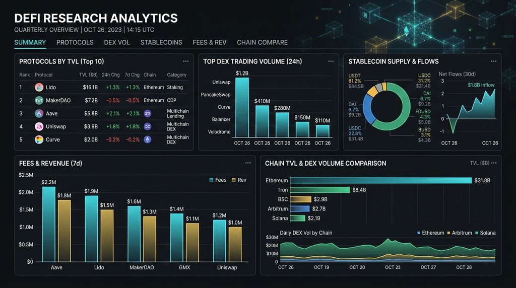 DeFi analytics dashboard showing TVL, protocol fees, revenue, and DEX activity.