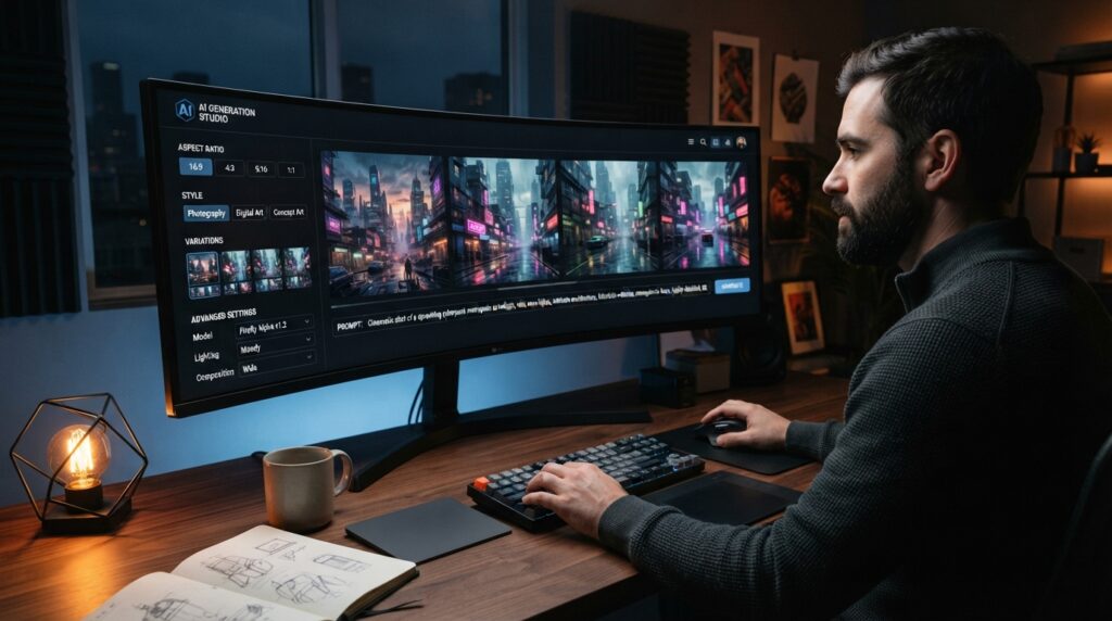 How to Use Adobe Firefly for AI Image Generation and Editing Adobe Firefly generating multiple AI images from a text prompt.