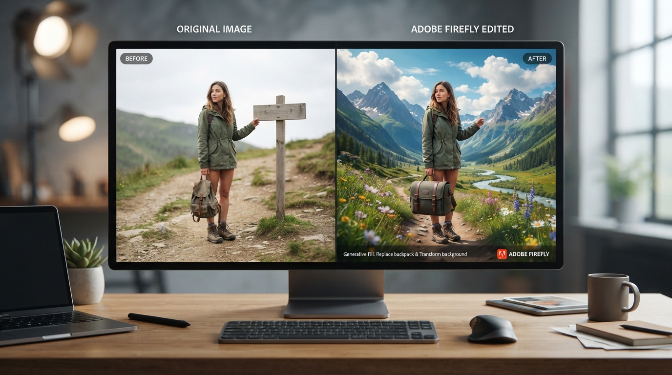 Adobe Firefly transforming an existing photo with AI image editing.