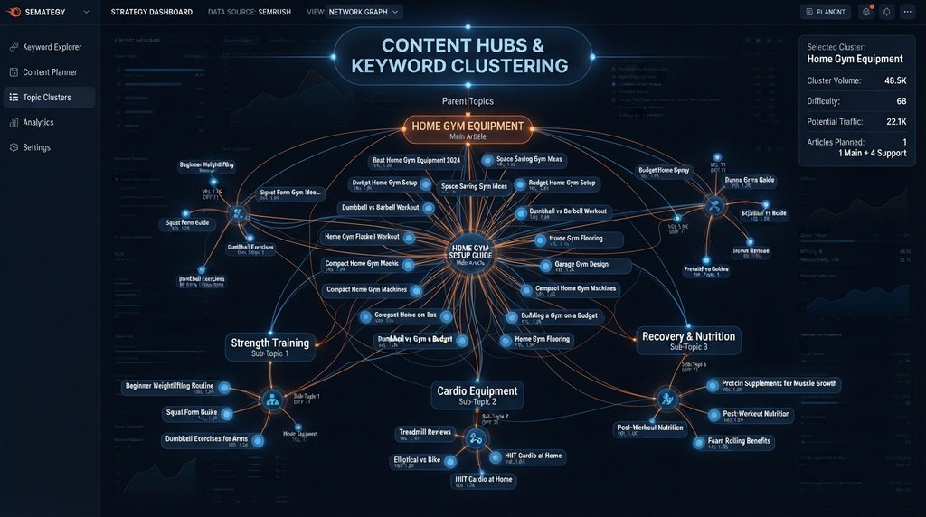 Related keywords grouped into topic clusters for content planning.